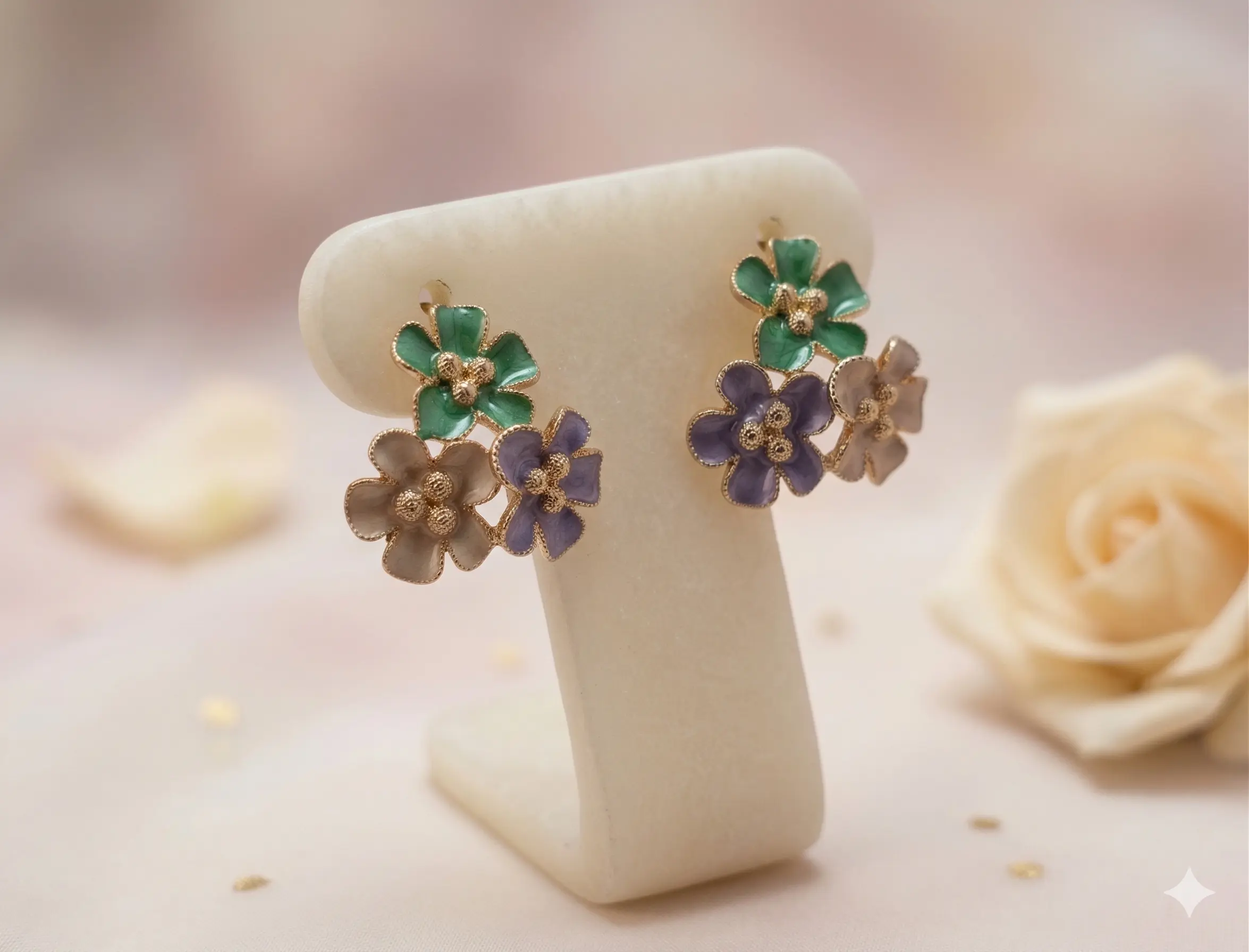 Hand-Enamelled Three-Flower Cluster Stud Earrings – Green, Purple, and Taupe Botanical Jewelry